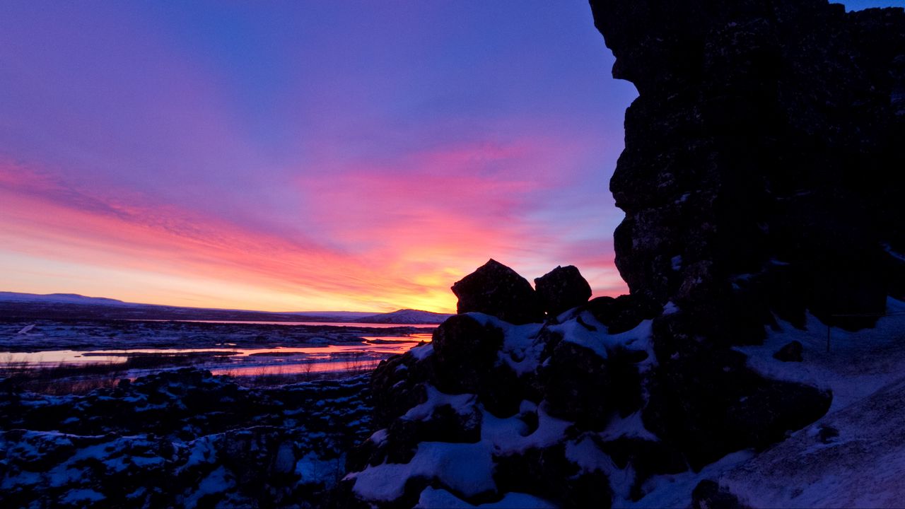 Wallpaper stones, snow, sunset, sky, clouds, nature