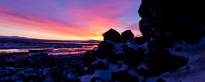 Preview wallpaper stones, snow, sunset, sky, clouds, nature