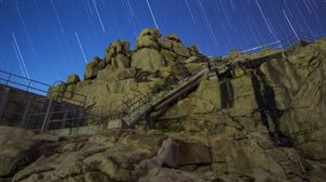 Preview wallpaper stones, stairs, starry sky, long exposure