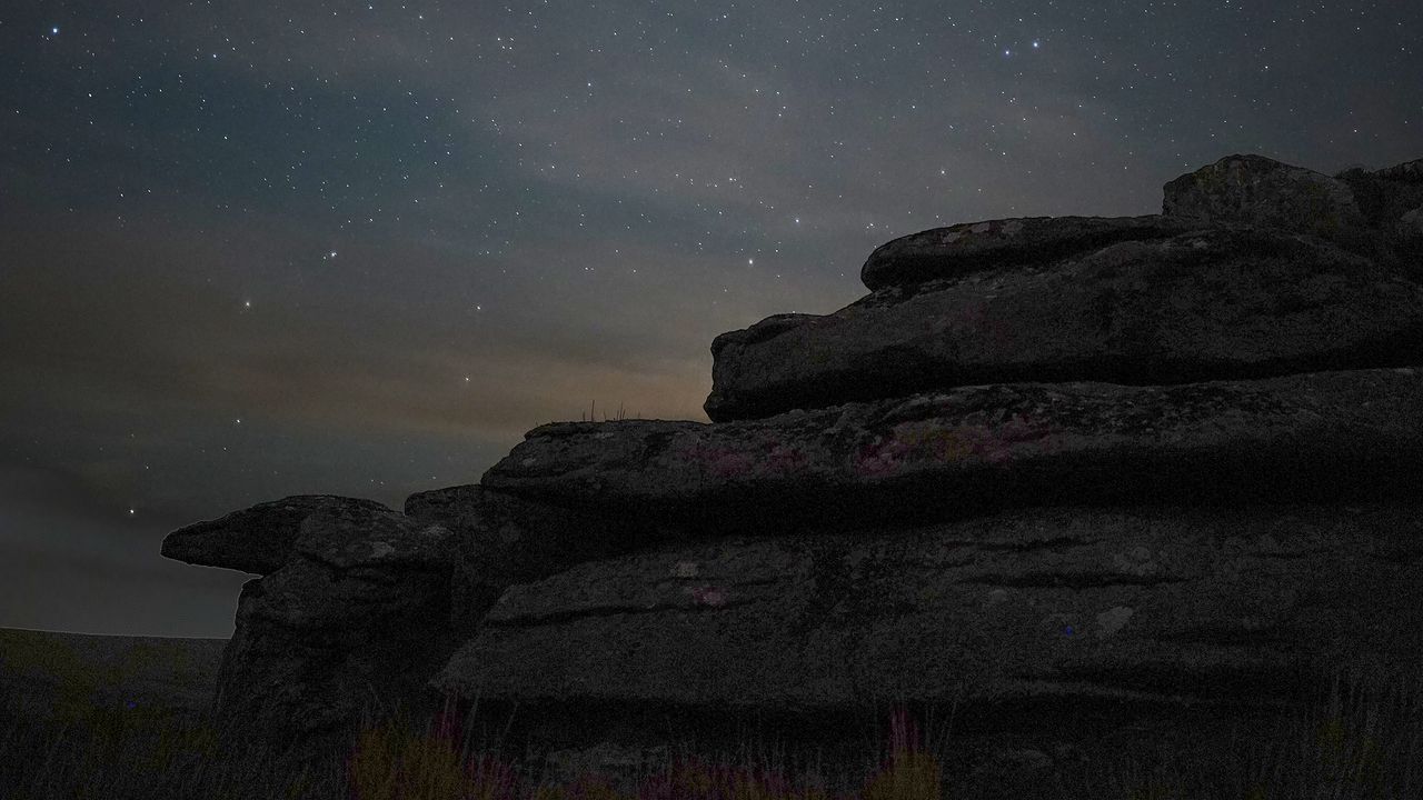 Wallpaper stones, starry sky, grass, nature, dark