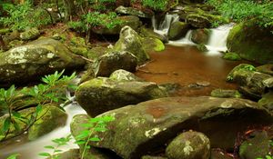 Preview wallpaper stones, stream, moss, murmur, branch, wood, source