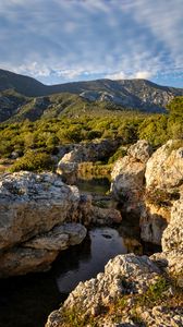 Preview wallpaper stones, stream, mountains, bushes, nature