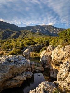 Preview wallpaper stones, stream, mountains, bushes, nature