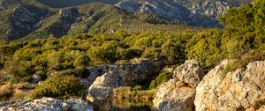 Preview wallpaper stones, stream, mountains, bushes, nature
