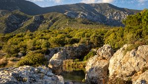 Preview wallpaper stones, stream, mountains, bushes, nature