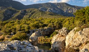 Preview wallpaper stones, stream, mountains, bushes, nature