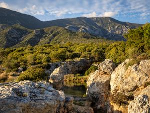 Preview wallpaper stones, stream, mountains, bushes, nature