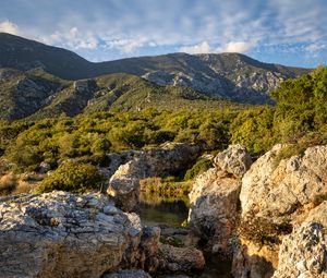 Preview wallpaper stones, stream, mountains, bushes, nature