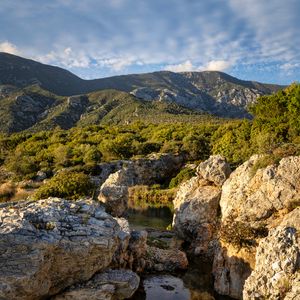 Preview wallpaper stones, stream, mountains, bushes, nature
