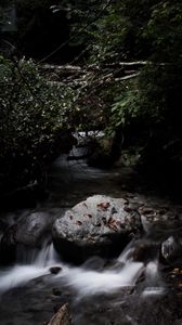 Preview wallpaper stones, stream, trees, dark