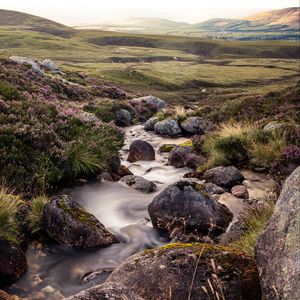 Preview wallpaper stones, stream, valley, hills