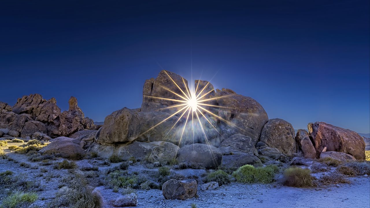 Wallpaper stones, sun, rays, nature, landscape