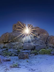 Preview wallpaper stones, sun, rays, nature, landscape