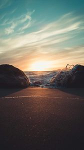 Preview wallpaper stones, surf, beach, sand, sunset