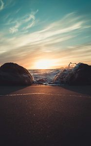 Preview wallpaper stones, surf, beach, sand, sunset