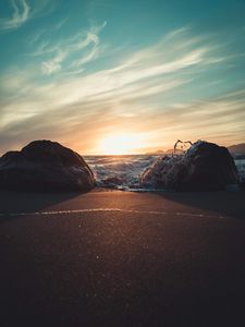 Preview wallpaper stones, surf, beach, sand, sunset