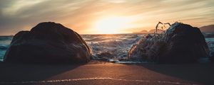 Preview wallpaper stones, surf, beach, sand, sunset