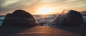 Preview wallpaper stones, surf, beach, sand, sunset