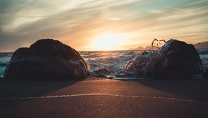 Preview wallpaper stones, surf, beach, sand, sunset