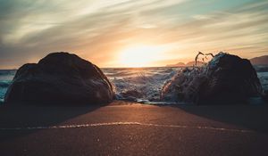 Preview wallpaper stones, surf, beach, sand, sunset