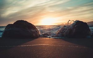 Preview wallpaper stones, surf, beach, sand, sunset