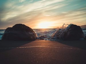 Preview wallpaper stones, surf, beach, sand, sunset