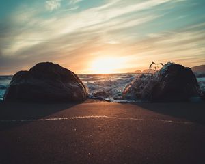 Preview wallpaper stones, surf, beach, sand, sunset