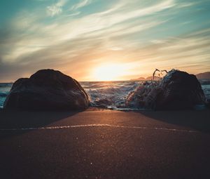 Preview wallpaper stones, surf, beach, sand, sunset