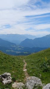 Preview wallpaper stones, trail, grass, slope, mountains