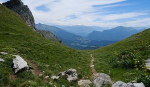 Preview wallpaper stones, trail, grass, slope, mountains