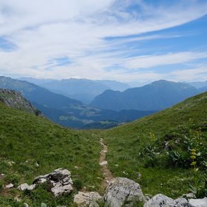 Preview wallpaper stones, trail, grass, slope, mountains