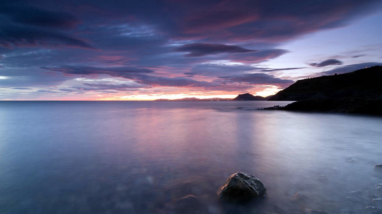 Wallpaper stones, twilight, decline, surface of the water, horizon, lilac