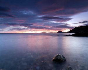 Preview wallpaper stones, twilight, decline, surface of the water, horizon, lilac