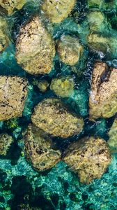 Preview wallpaper stones, water, bottom, sea, aerial view