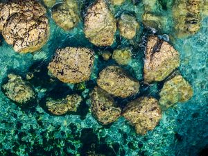 Preview wallpaper stones, water, bottom, sea, aerial view