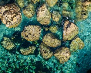 Preview wallpaper stones, water, bottom, sea, aerial view