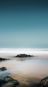 Preview wallpaper stones, water, fog, coast, horizon