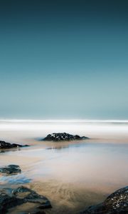 Preview wallpaper stones, water, fog, coast, horizon