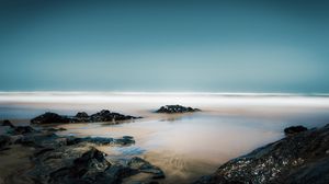 Preview wallpaper stones, water, fog, coast, horizon