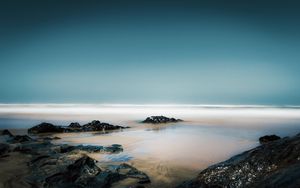Preview wallpaper stones, water, fog, coast, horizon