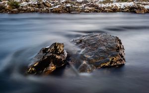 Preview wallpaper stones, water, fog, mountain, nature