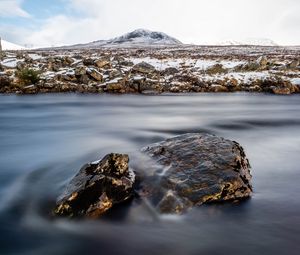 Preview wallpaper stones, water, fog, mountain, nature