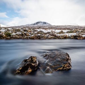 Preview wallpaper stones, water, fog, mountain, nature