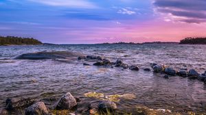 Preview wallpaper stones, water, horizon, sunset, sky