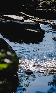 Preview wallpaper stones, water, river, ripples, glare