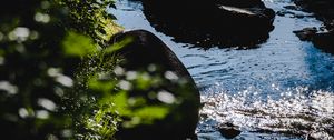 Preview wallpaper stones, water, river, ripples, glare