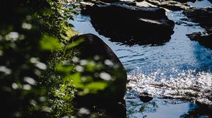 Preview wallpaper stones, water, river, ripples, glare