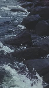 Preview wallpaper stones, water, sea, rocks, dark