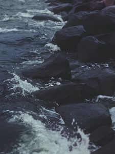 Preview wallpaper stones, water, sea, rocks, dark