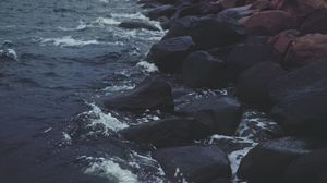 Preview wallpaper stones, water, sea, rocks, dark